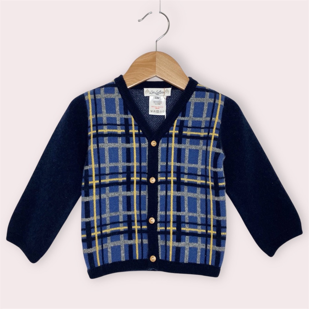 NWT Les Lutins Paris Barnabe Cardigan Sweater Blue Plaid 100% Cashmere 12 months